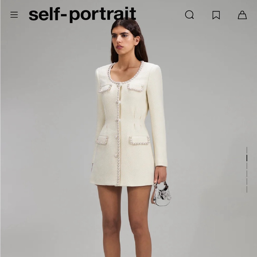 Self-Portrait Cream Boucle Tailored Mini Dress Faux Pearl Tweed Size 4